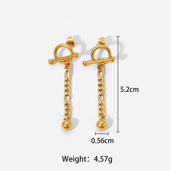 T Bar Detachable Ball Pendant Chain Earrings 18K‎ Gold Plated Stainless Steel - Picture 9 of 9